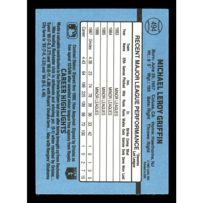 1988 Donruss #494 Mike Griffin EX Baltimore Orioles Baseball Card