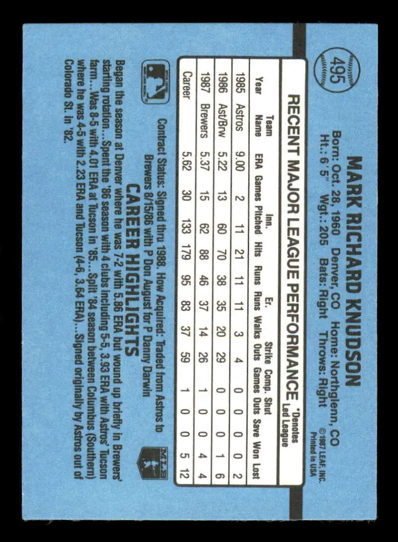 1988 Donruss #495 Mark Knudson NM-MT RC Rookie Milwaukee Brewers Baseball Card - Baseball Card Single