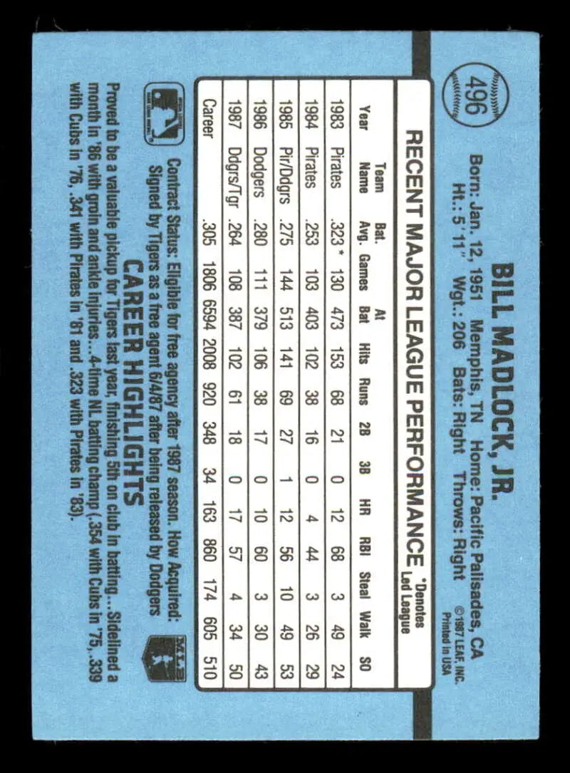 1988 Donruss #496 Bill Madlock NM-MT Detroit Tigers Baseball Card - Baseball Card Single