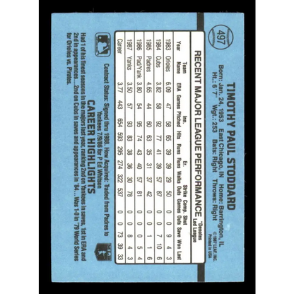 1988 Donruss #497 Tim Stoddard EX New York Yankees Baseball Card Image 2