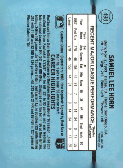 1987 Leaf baseball card of Sam Horn Boston Red Sox from 1988 Donruss #498
