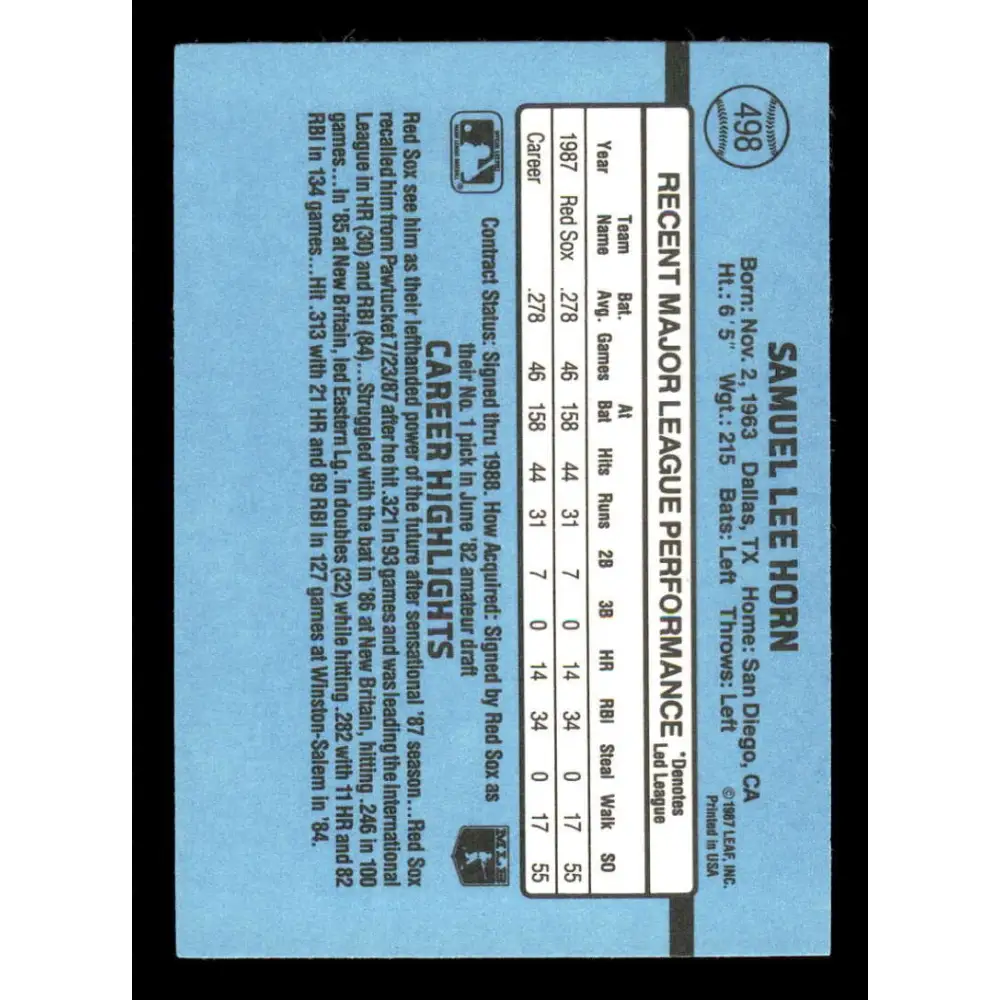 1988 Donruss #498 Sam Horn EX RC Rookie Boston Red Sox Baseball Card Image 2