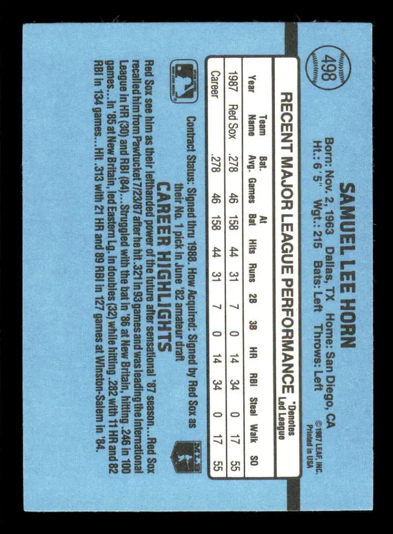 1988 Donruss #498 Sam Horn NM-MT RC Rookie Boston Red Sox Baseball Card - Baseball Card Single
