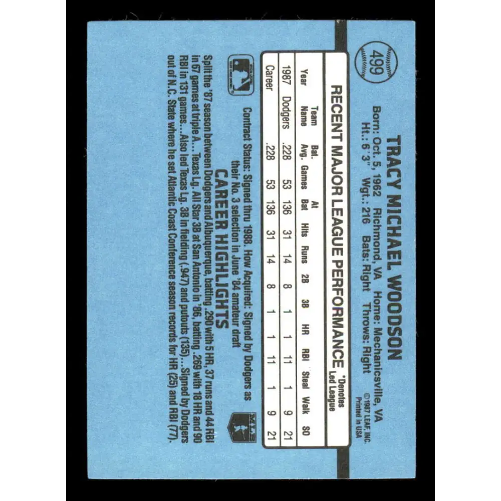 1988 Donruss #499 Tracy Woodson EX RC Rookie Los Angeles Dodgers Baseball Card Image 2