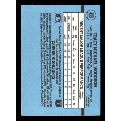 1988 Donruss #499 Tracy Woodson EX RC Rookie Los Angeles Dodgers Baseball Card Image 2