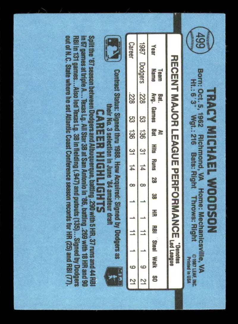 1988 Donruss #499 Tracy Woodson NM-MT RC Rookie Los Angeles Dodgers Baseball Card - Baseball Card Single
