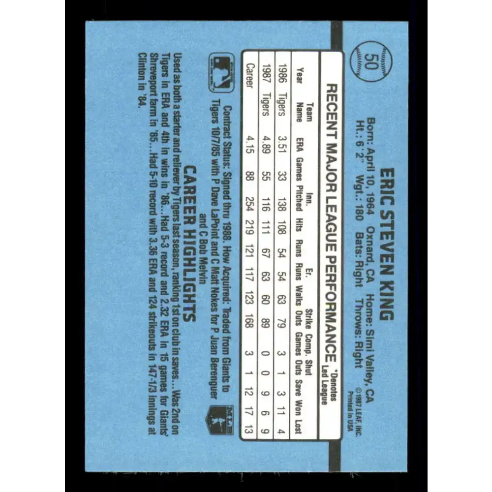 1988 Donruss #50 Eric King EX Detroit Tigers Baseball Card - Baseball Card Single