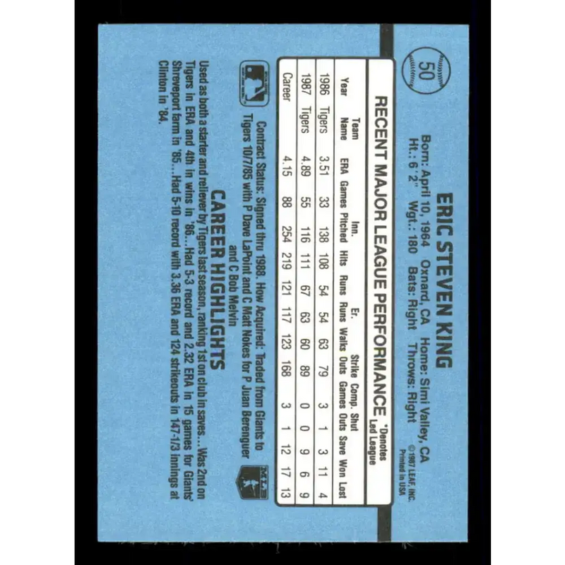 1988 Donruss #50 Eric King EX Detroit Tigers Baseball Card - Baseball Card Single