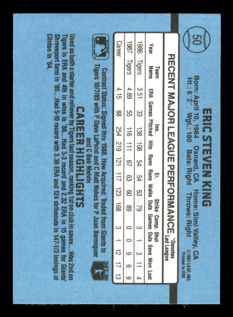 1988 Donruss #50 Eric King NM-MT Detroit Tigers Baseball Card - Baseball Card Single