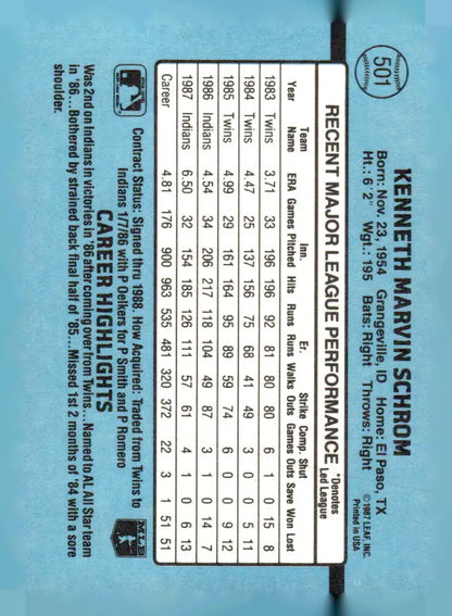 1988 Donruss #501 Ken Schrom baseball card with player statistics featuring Ken Schrom