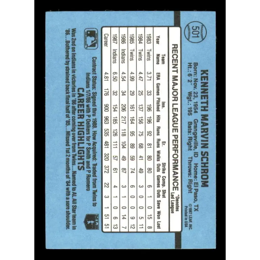 1988 Donruss #501 Ken Schrom EX Cleveland Indians Baseball Card - Baseball Card Single