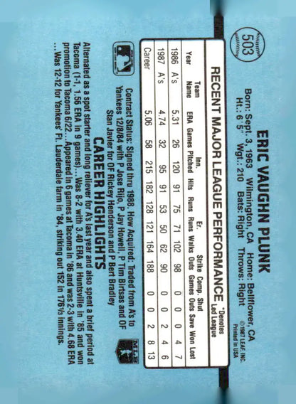 1988 Donruss Eric Plunk baseball card featuring Eric Plunk in a collectible baseball card