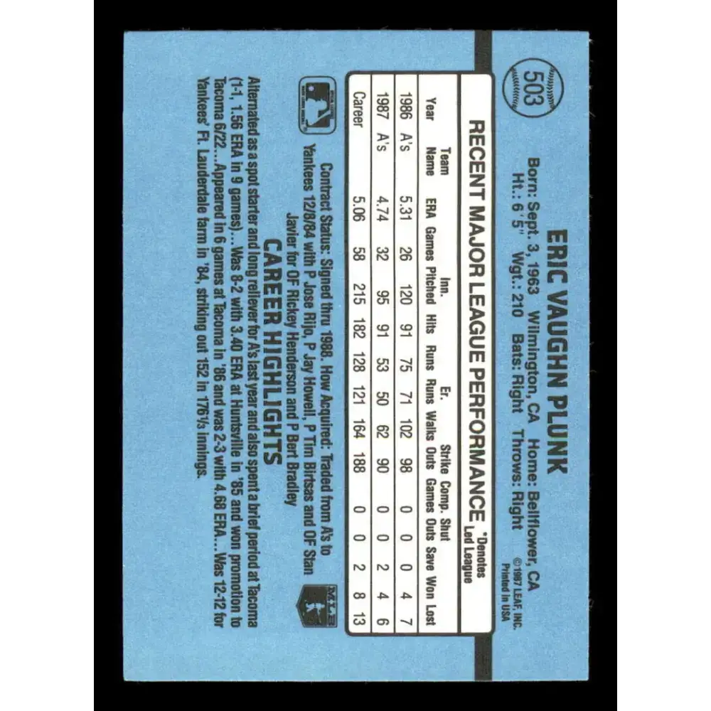 1988 Donruss #503 Eric Plunk EX Oakland Athletics Baseball Card