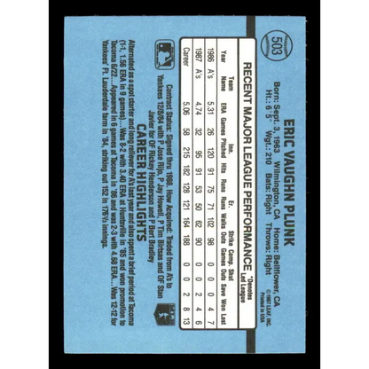 1988 Donruss #503 Eric Plunk EX Oakland Athletics Baseball Card