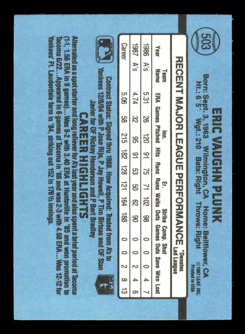 1988 Donruss #503 Eric Plunk NM-MT Oakland Athletics Baseball Card - Baseball Card Single