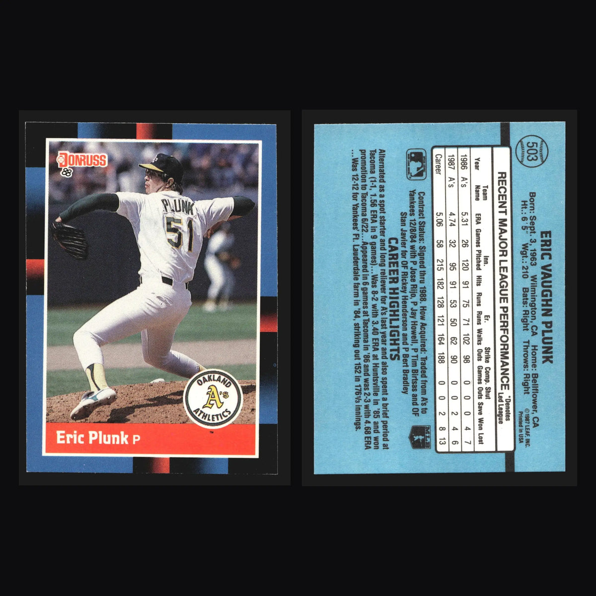 1988 Donruss #503 Eric Plunk Oakland Athletics - Baseball Card Single
