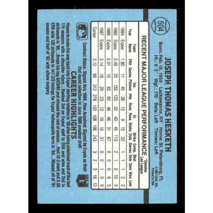 1988 Donruss #504 Joe Hesketh EX Montreal Expos Baseball Card