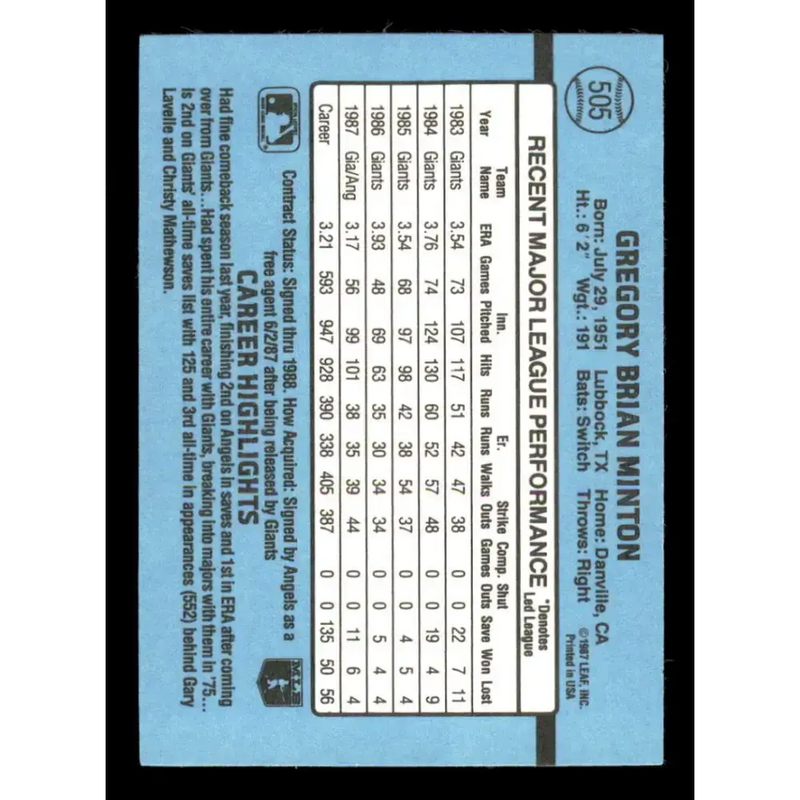 1988 Donruss #505 Greg Minton EX California Angels Baseball Card - Baseball Card Single