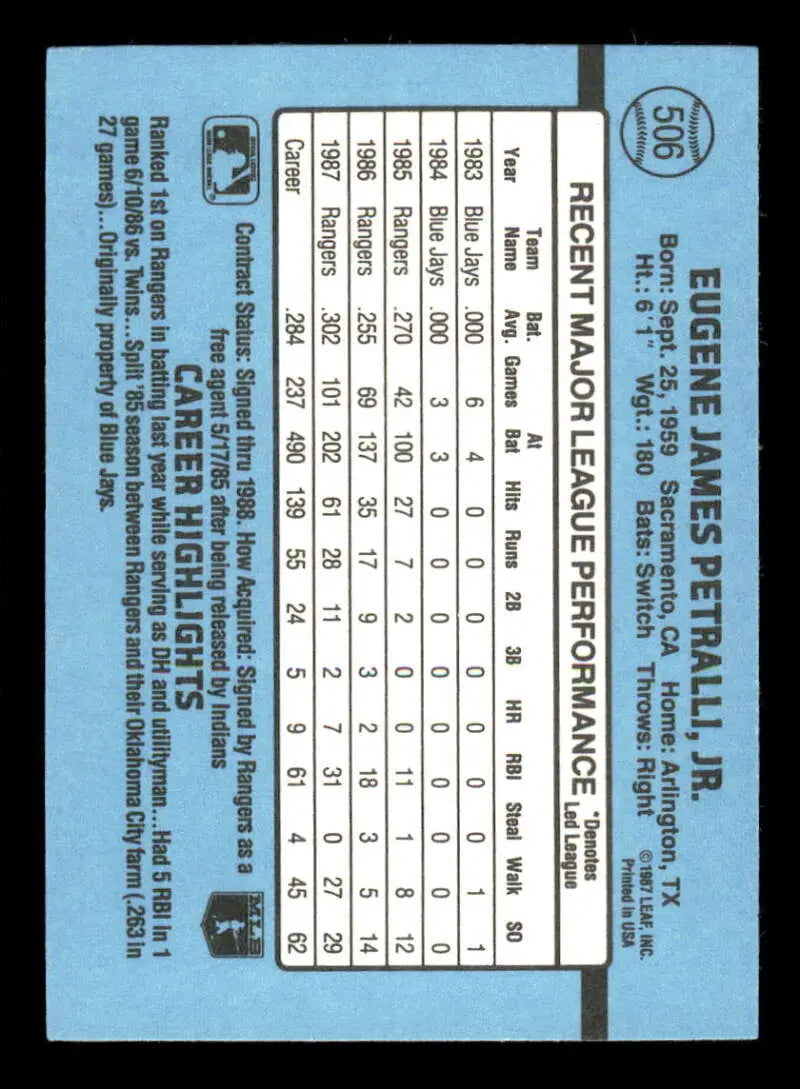 1988 Donruss #506 Geno Petralli NM-MT Texas Rangers Baseball Card - Baseball Card Single