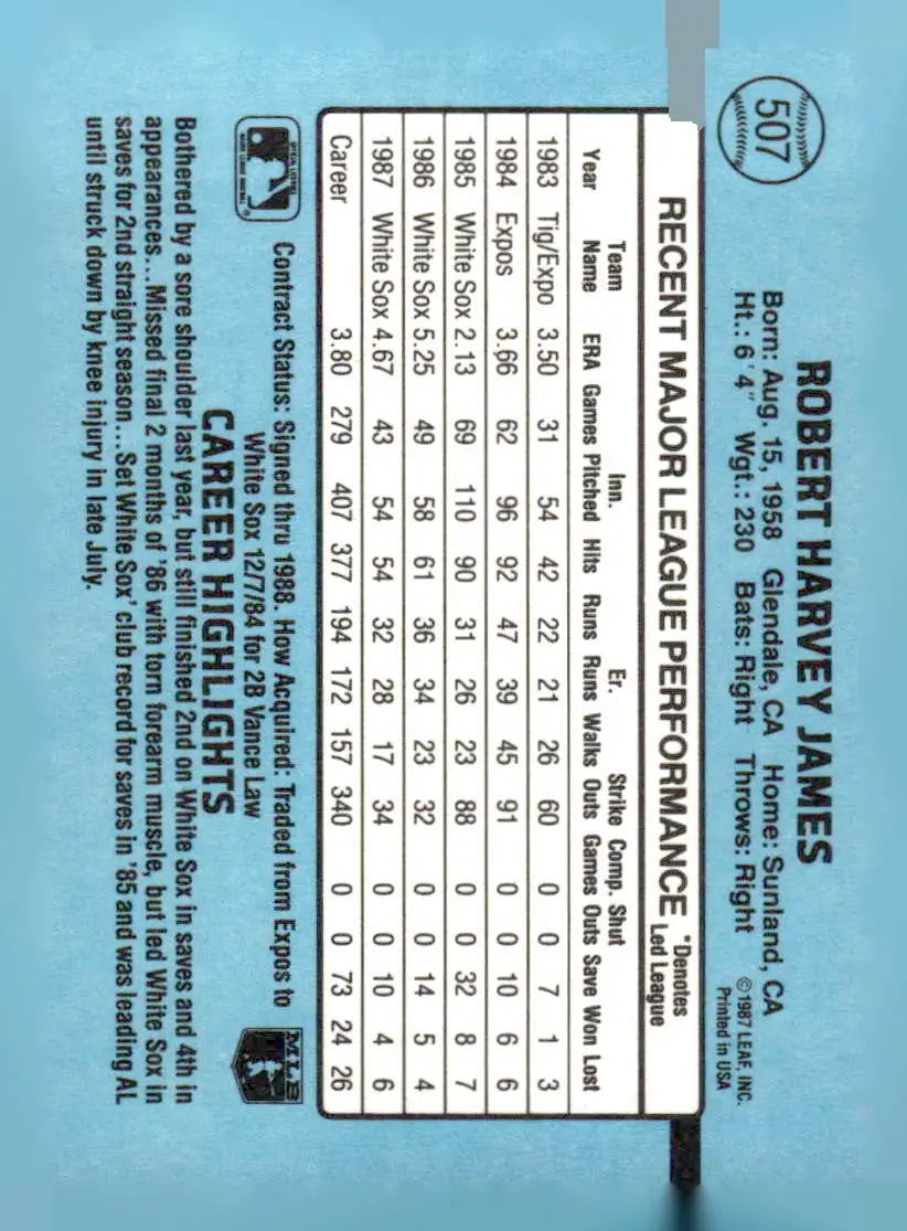 Baseball trading card featuring Bob James with player statistics from 1988 Donruss #507b