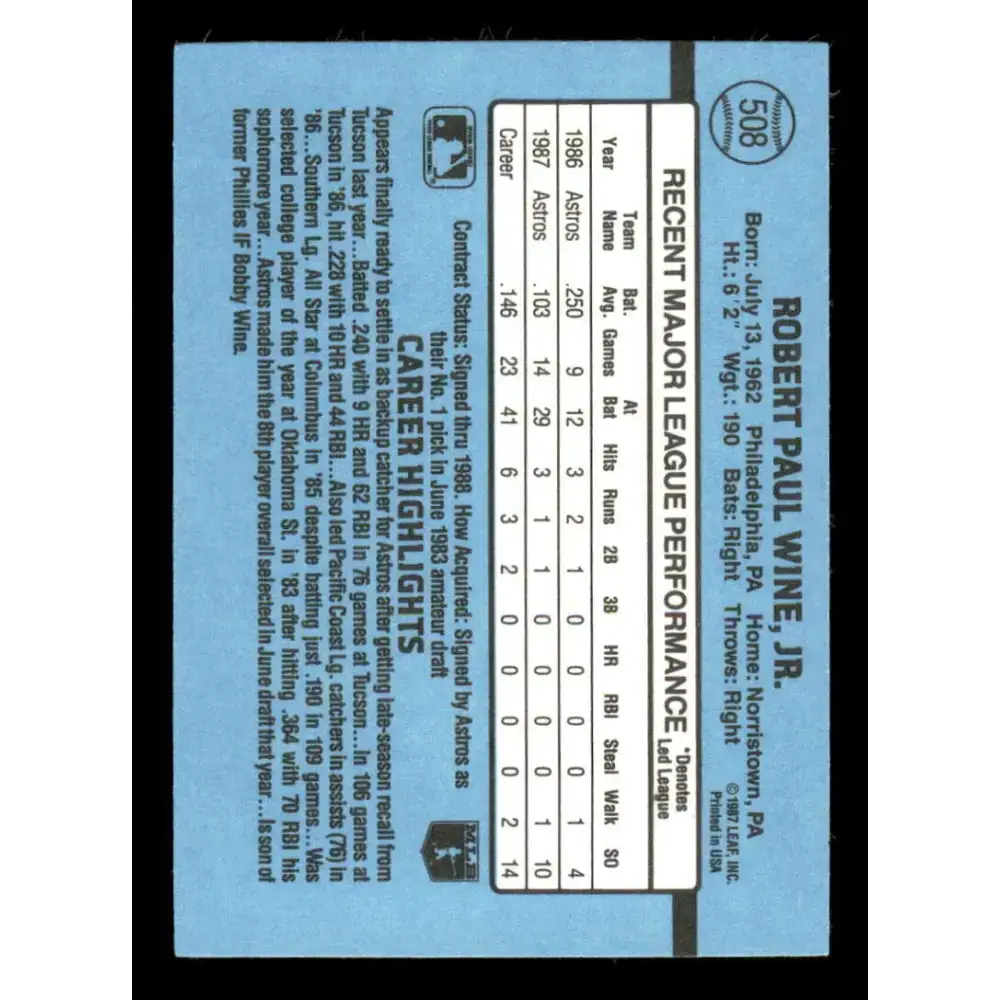 1988 Donruss #508 Robbie Wine EX Houston Astros Baseball Card - Baseball Card Single