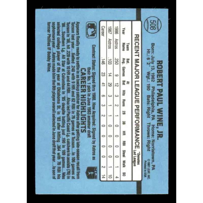 1988 Donruss #508 Robbie Wine EX Houston Astros Baseball Card - Baseball Card Single