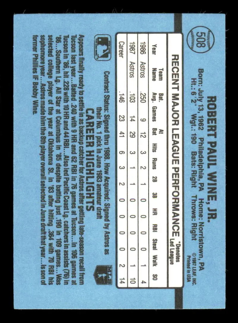 1988 Donruss #508 Robbie Wine NM-MT Houston Astros Baseball Card - Baseball Card Single