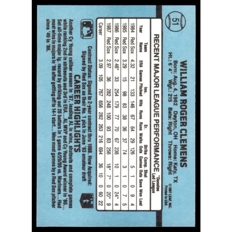 1988 Donruss #51 Roger Clemens EX/NM Boston Red Sox Baseball Card - Baseball Card Single