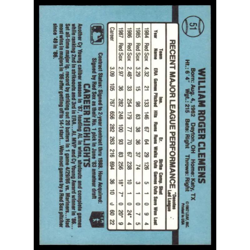 1988 Donruss #51 Roger Clemens EX/NM Boston Red Sox Baseball Card - Baseball Card Single