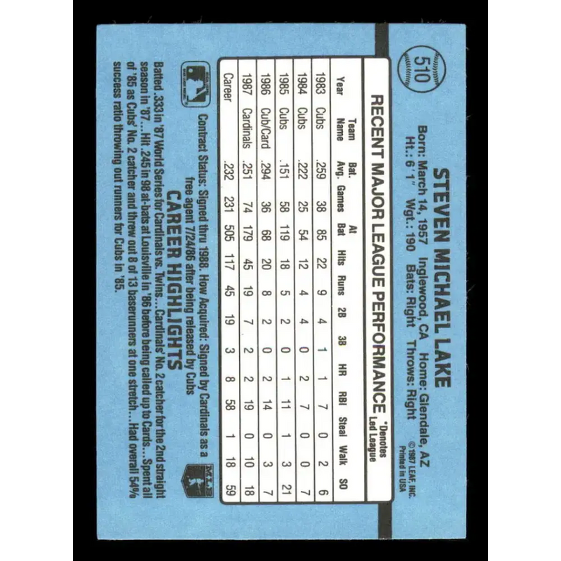 1988 Donruss #510 Steve Lake EX St. Louis Cardinals Baseball Card - Baseball Card Single