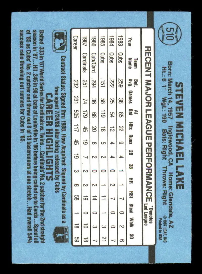 1988 Donruss #510 Steve Lake NM-MT St. Louis Cardinals Baseball Card - Baseball Card Single