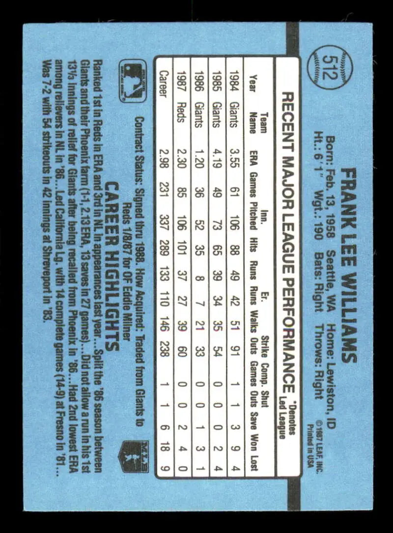 1988 Donruss #512 Frank Williams NM-MT Cincinnati Reds Baseball Card - Baseball Card Single