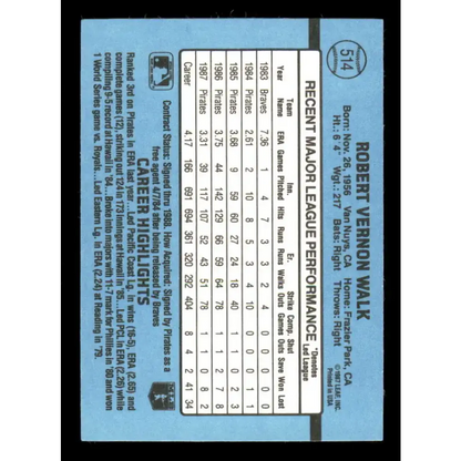 1988 Donruss #514 Bob Walk EX Pittsburgh Pirates Baseball Card