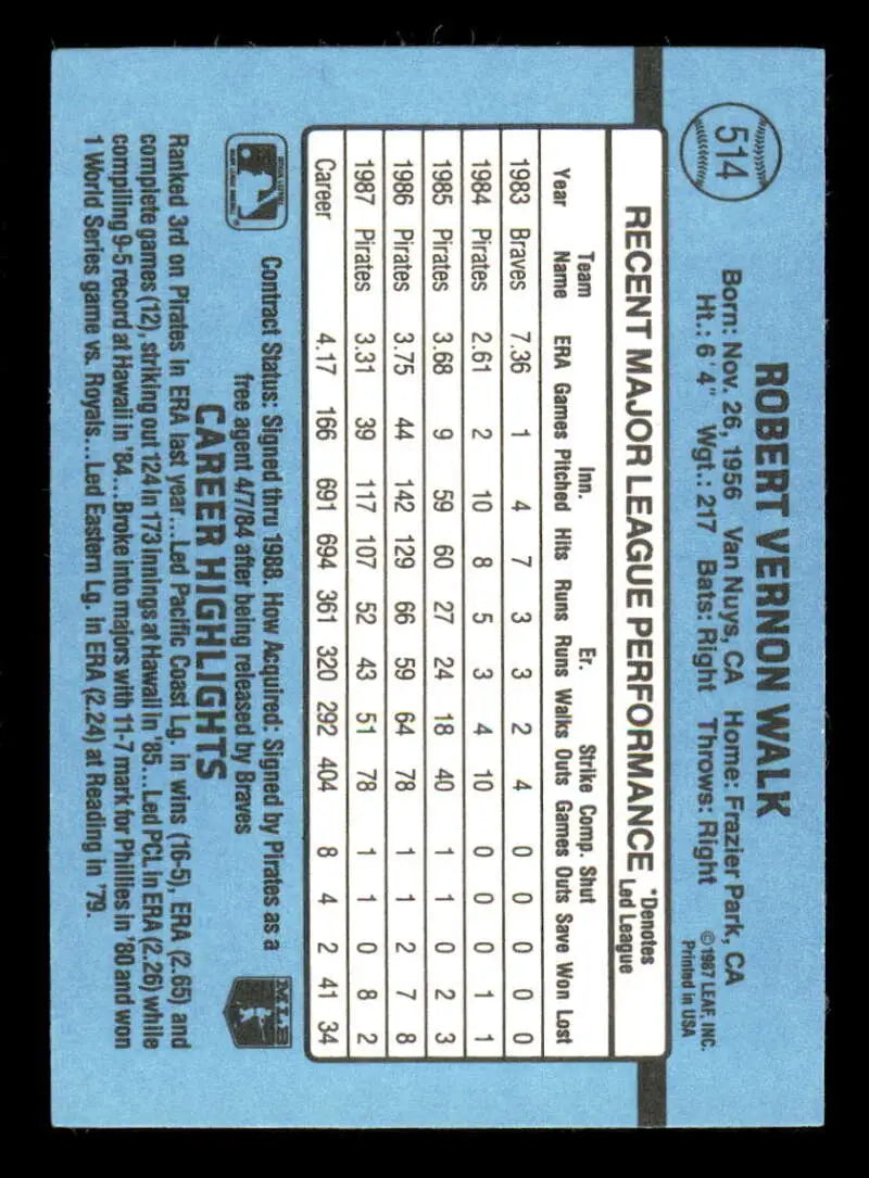 1988 Donruss #514 Bob Walk NM-MT Pittsburgh Pirates Baseball Card - Baseball Card Single