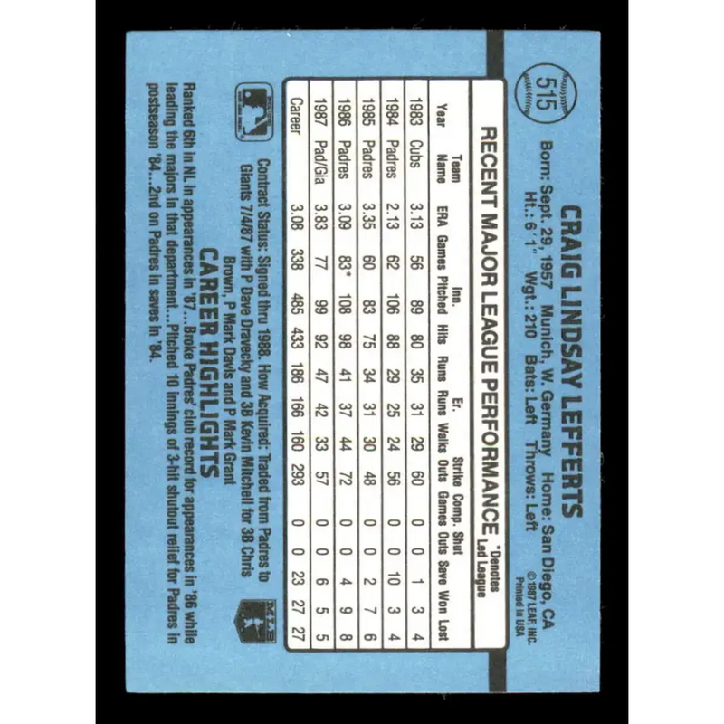 1988 Donruss #515 Craig Lefferts EX San Francisco Giants Baseball Card - Baseball Card Single