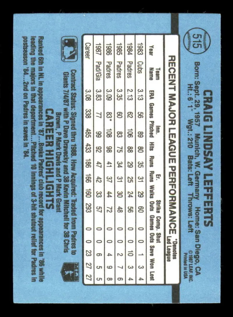 1988 Donruss #515 Craig Lefferts NM-MT San Francisco Giants Baseball Card - Baseball Card Single