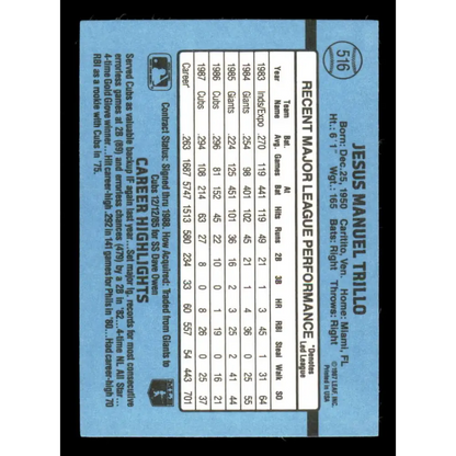 1988 Donruss #516 Manny Trillo EX Chicago Cubs Baseball Card Image 2
