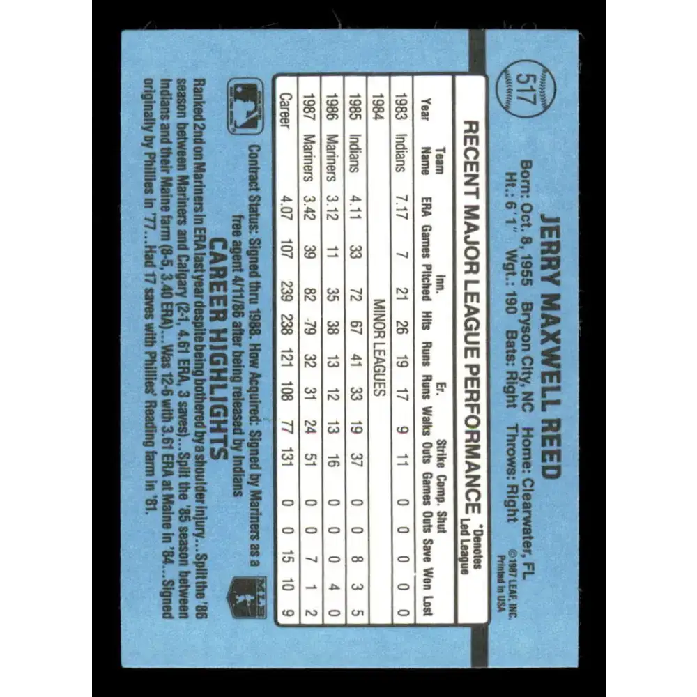 1988 Donruss #517 Jerry Reed EX Seattle Mariners Baseball Card - Baseball Card Single