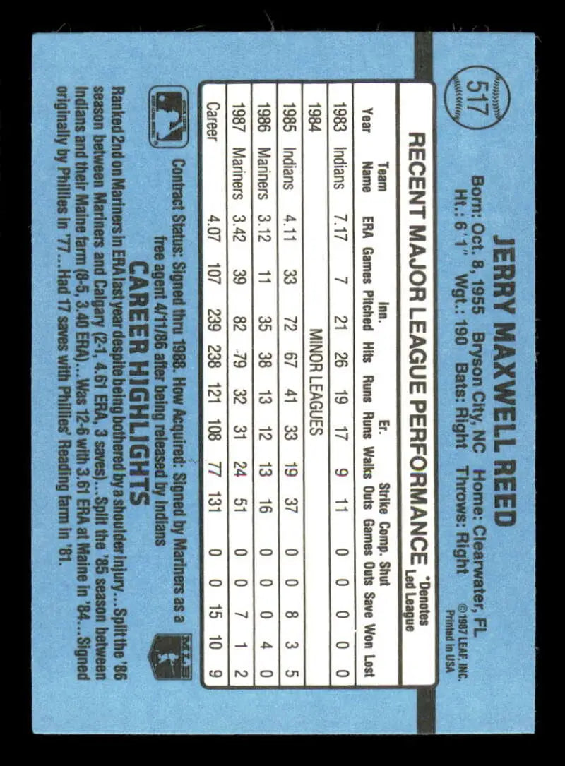 1988 Donruss #517 Jerry Reed NM-MT Seattle Mariners Baseball Card - Baseball Card Single