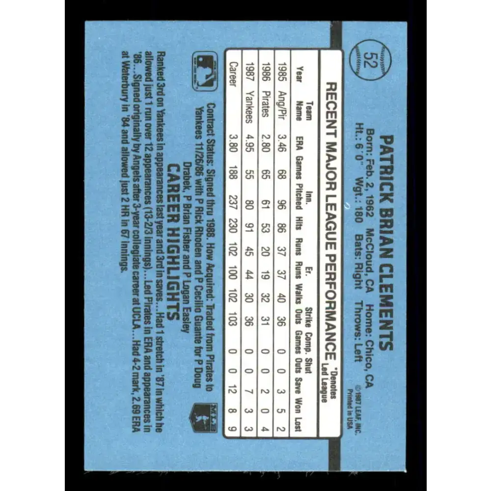 1988 Donruss #52 Pat Clements EX New York Yankees Baseball Card - Baseball Card Single