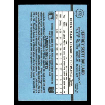 1988 Donruss #520 Jeff Ballard EX RC Rookie Baltimore Orioles Baseball Card