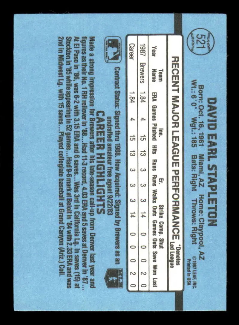 1988 Donruss #521 Dave Stapleton NM-MT Milwaukee Brewers Baseball Card - Baseball Card Single