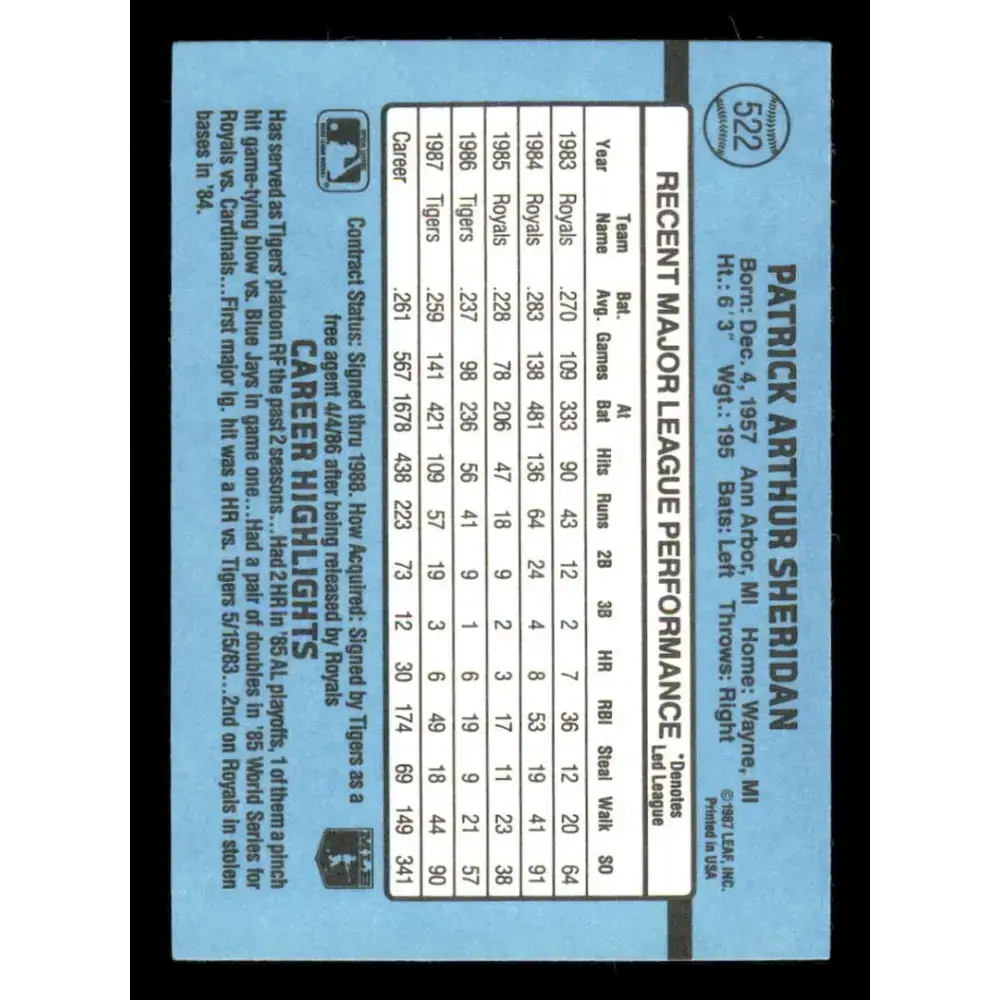 1988 Donruss #522 Pat Sheridan EX Detroit Tigers Baseball Card - Baseball Card Single