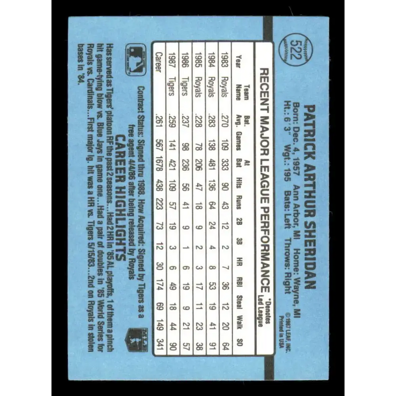 1988 Donruss #522 Pat Sheridan EX Detroit Tigers Baseball Card - Baseball Card Single