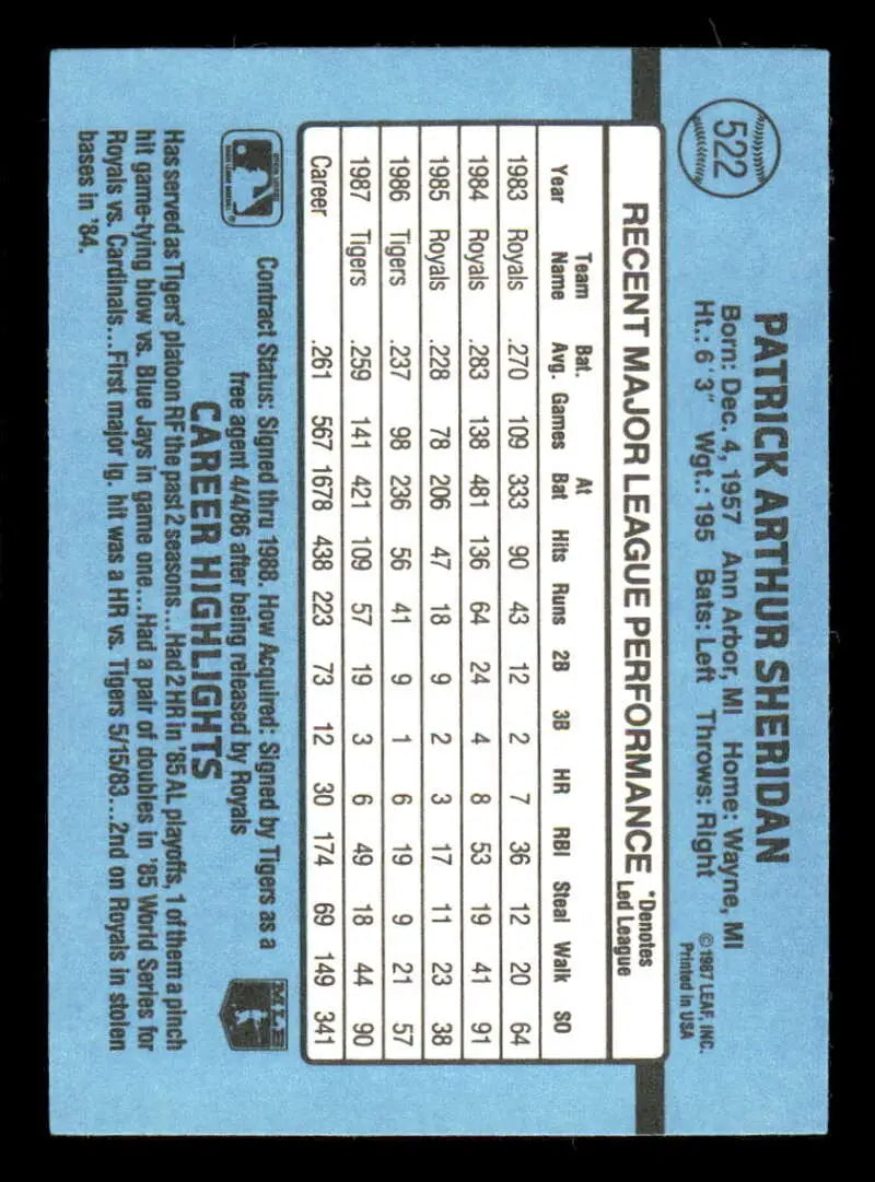 1988 Donruss #522 Pat Sheridan NM-MT Detroit Tigers Baseball Card - Baseball Card Single
