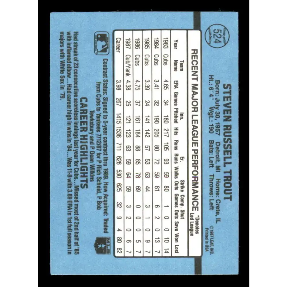 1988 Donruss #524 Steve Trout EX New York Yankees Baseball Card - Baseball Card Single