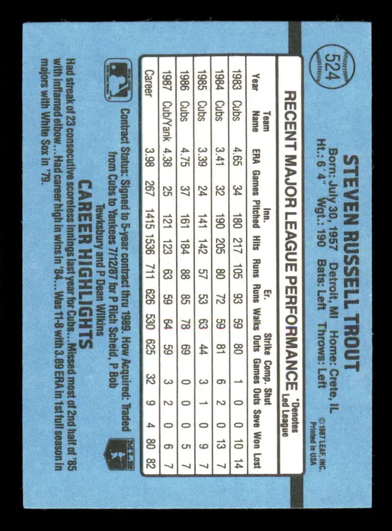 1988 Donruss #524 Steve Trout NM-MT New York Yankees Baseball Card - Baseball Card Single