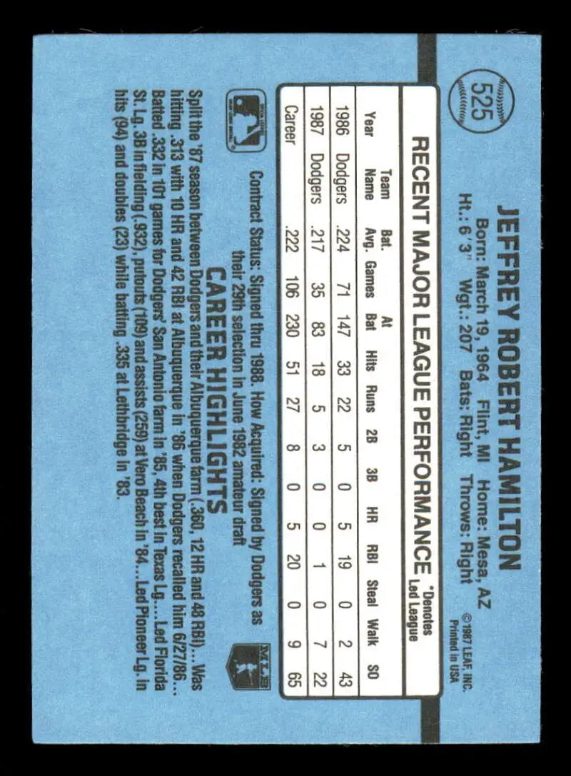 1988 Donruss #525 Jeff Hamilton NM-MT Los Angeles Dodgers Baseball Card - Baseball Card Single