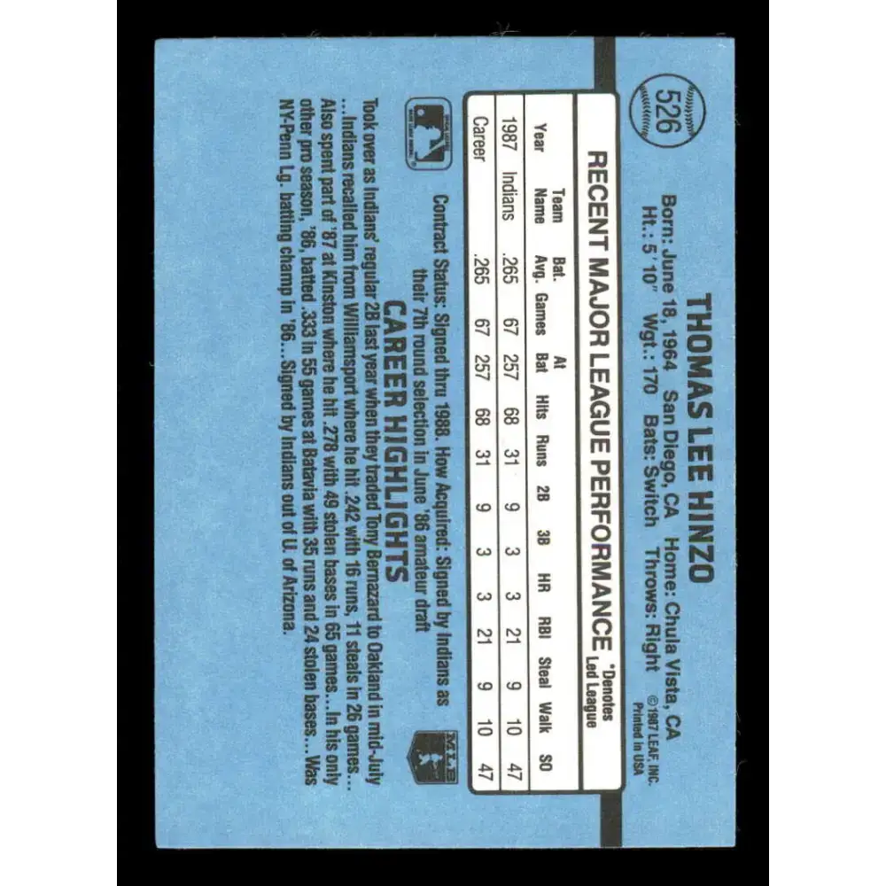 1988 Donruss #526 Tommy Hinzo EX RC Rookie Cleveland Indians Baseball Card