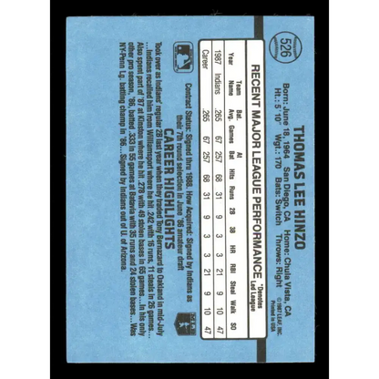 1988 Donruss #526 Tommy Hinzo EX RC Rookie Cleveland Indians Baseball Card